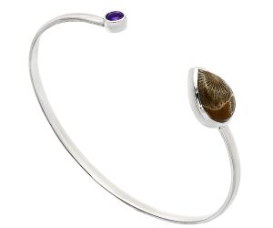 Flower Fossil Coral and Amethyst Cuff Bangle Bracelet EXB01005 B-1004, 11x15 mm