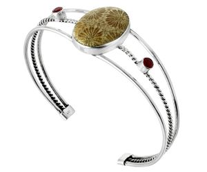 Flower Fossil Coral and Garnet Cuff Bangle Bracelet EXB01520 B-1011, 16x22 mm