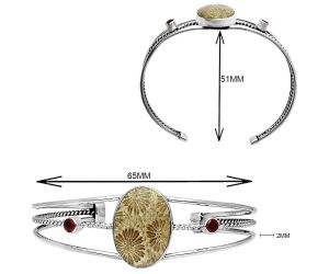 Flower Fossil Coral and Garnet Cuff Bangle Bracelet EXB01520 B-1011, 16x22 mm