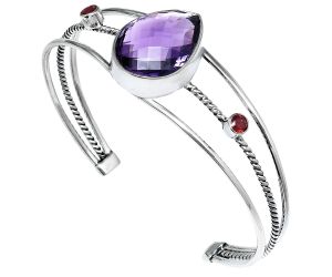 Amethyst Checker Briolette and Garnet Cuff Bangle Bracelet EXB01548 B-1011, 16x21 mm