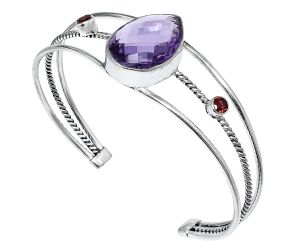 Amethyst Checker Briolette and Garnet Cuff Bangle Bracelet EXB01549 B-1011, 16x21 mm