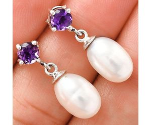 Natural Fresh Water Pearl and Amethyst Earrings EXE02420 E-1062, 8x12 mm