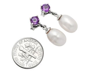 Natural Fresh Water Pearl and Amethyst Earrings EXE02420 E-1062, 8x12 mm