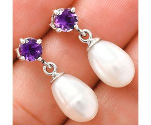 Natural Fresh Water Pearl and Amethyst Earrings EXE02422 E-1062, 8x12 mm