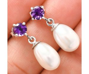 Natural Fresh Water Pearl and Amethyst Earrings EXE02423 E-1062, 8x12 mm