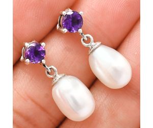 Natural Fresh Water Pearl and Amethyst Earrings EXE02424 E-1062, 8x12 mm