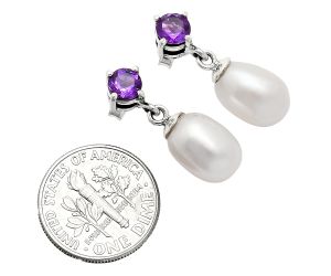 Natural Fresh Water Pearl and Amethyst Earrings EXE02424 E-1062, 8x12 mm