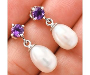 Natural Fresh Water Pearl and Amethyst Earrings EXE02425 E-1062, 8x12 mm