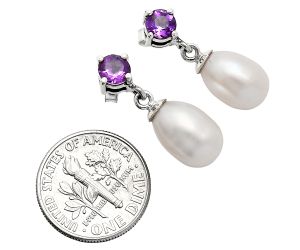 Natural Fresh Water Pearl and Amethyst Earrings EXE02425 E-1062, 8x12 mm