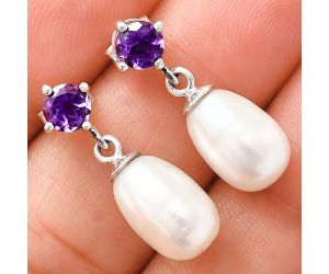 Natural Fresh Water Pearl and Amethyst Earrings EXE02426 E-1062, 8x12 mm