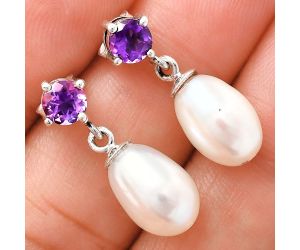 Natural Fresh Water Pearl and Amethyst Earrings EXE02427 E-1062, 8x12 mm