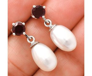 Natural Fresh Water Pearl and Garnet Earrings EXE02444 E-1062, 8x12 mm