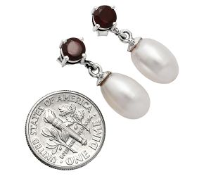 Natural Fresh Water Pearl and Garnet Earrings EXE02444 E-1062, 8x12 mm