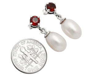 Natural Fresh Water Pearl and Garnet Earrings EXE02445 E-1062, 8x12 mm