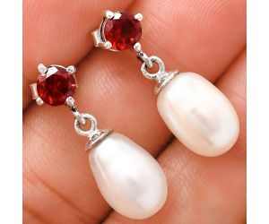 Natural Fresh Water Pearl and Garnet Earrings EXE02446 E-1062, 8x12 mm