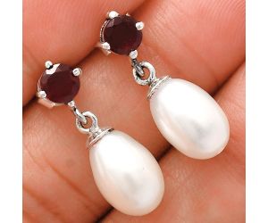 Natural Fresh Water Pearl and Garnet Earrings EXE02448 E-1062, 8x12 mm