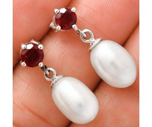 Natural Fresh Water Pearl and Garnet Earrings EXE02449 E-1062, 8x12 mm