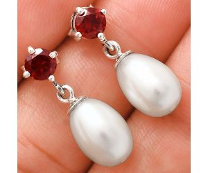 Natural Fresh Water Pearl and Garnet Earrings EXE02454 E-1062, 8x12 mm