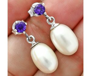 Natural Fresh Water Pearl Drop and Amethyst Earrings EXE02619 E-1062, 8x12 mm