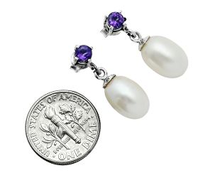 Natural Fresh Water Pearl Drop and Amethyst Earrings EXE02619 E-1062, 8x12 mm