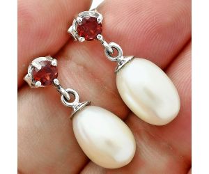 Natural Fresh Water Pearl Drop and Garnet Earrings EXE02629 E-1062, 8x12 mm