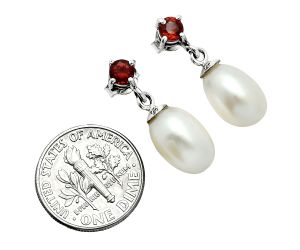 Natural Fresh Water Pearl Drop and Garnet Earrings EXE02629 E-1062, 8x12 mm