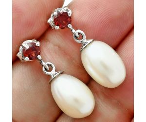 Natural Fresh Water Pearl Drop and Garnet Earrings EXE02630 E-1062, 8x12 mm