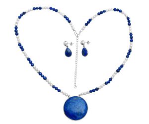 Lapis Lazuli and Pearl Necklace Earrings Set EXG01003 N-1026, 35x35 mm