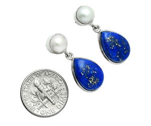 Lapis Lazuli and Pearl Necklace Earrings Set EXG01003 N-1026, 35x35 mm