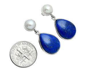 Lapis Lazuli and Pearl Necklace Earrings Set EXG01005 N-1026, 21x28 mm