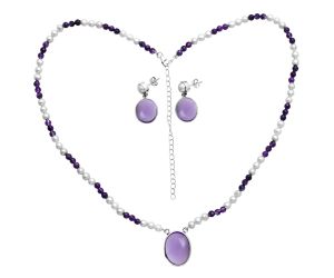 Amethyst Cab and Pearl Necklace Earrings Set EXG01010 N-1026, 15x20 mm