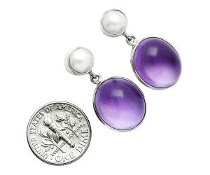 Amethyst Cab and Pearl Necklace Earrings Set EXG01010 N-1026, 15x20 mm