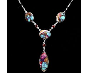 Kingman Pink Dahlia Turquoise and Garnet Necklace EXN01001 N-1023, 13x27 mm