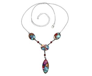 Kingman Pink Dahlia Turquoise and Garnet Necklace EXN01001 N-1023, 13x27 mm