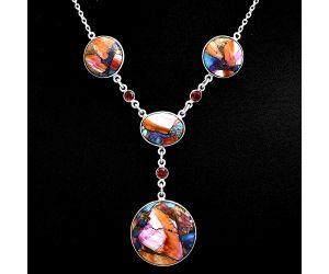 Kingman Orange Dahlia Turquoise and Garnet Necklace EXN01006 N-1023, 23x23 mm