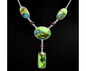 Blue Turquoise In Green Mohave and Garnet Necklace EXN01009 N-1023, 18x24 mm