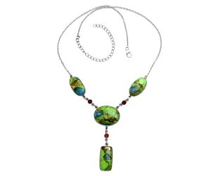 Blue Turquoise In Green Mohave and Garnet Necklace EXN01009 N-1023, 18x24 mm