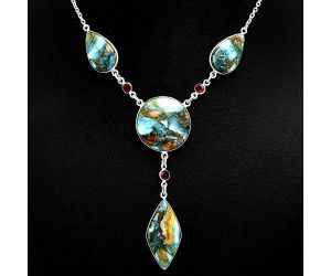 Spiny Oyster Turquoise and Garnet Necklace EXN01010 N-1023, 22x22 mm