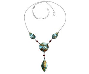 Spiny Oyster Turquoise and Garnet Necklace EXN01010 N-1023, 22x22 mm