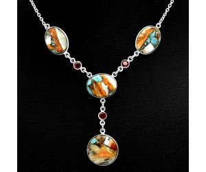 Spiny Oyster Turquoise and Garnet Necklace EXN01012 N-1023, 16x16 mm