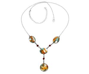 Spiny Oyster Turquoise and Garnet Necklace EXN01012 N-1023, 16x16 mm