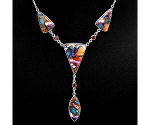 Kingman Orange Dahlia Turquoise and Garnet Necklace EXN01013 N-1023, 20x27 mm