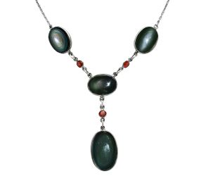 Obsidian Eye and Garnet Necklace EXN01030 N-1023, 14x22 mm