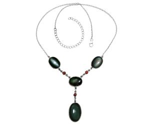 Obsidian Eye and Garnet Necklace EXN01030 N-1023, 14x22 mm