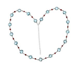 Sky Blue Topaz Checker Briolette and Garnet Necklace EXN01128 N-1024, 10x10 mm