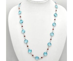 Sky Blue Topaz Checker Briolette and Garnet Necklace EXN01130 N-1024, 11x11 mm