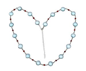 Sky Blue Topaz Checker Briolette and Garnet Necklace EXN01130 N-1024, 11x11 mm