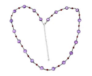 Amethyst Checker Briolette and Garnet Necklace EXN01131 N-1024, 8x8 mm