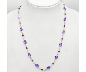 Amethyst Checker Briolette and Garnet Necklace EXN01133 N-1024, 6x9 mm