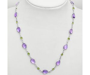 Amethyst Checker Briolette and Peridot Necklace EXN01136 N-1024, 7x10 mm